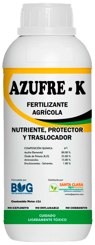 Envase de 1 litro de AZUFRE-K, fertilizante agrícola de Santa Clara Agroinsumos