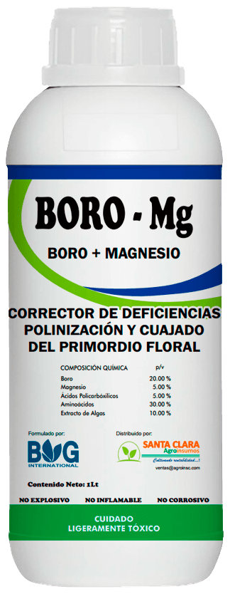Envase de 1 litro de BORO-Mg, nutriente foliar con boro y magnesio de Santa Clara