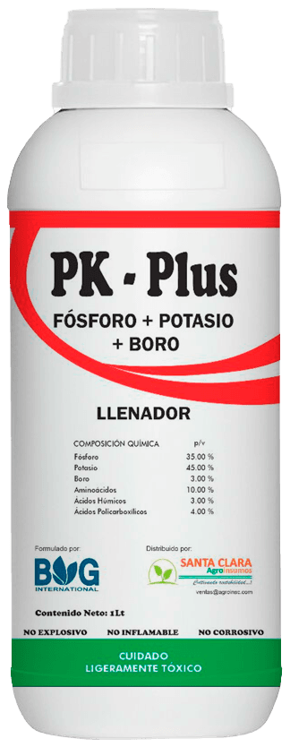 Envase de 1 litro de PK-Plus, fertilizante foliar con fósforo, potasio y boro de Santa Clara