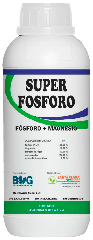 Envase de 1 litro de SUPER FOSFORO, biofertilizante con fósforo y magnesio de Santa Clara