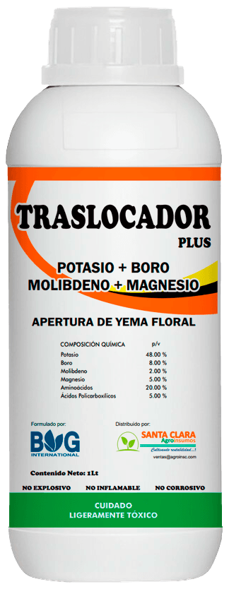 Envase de 1 litro de TRASLOCADOR Plus, fertilizante foliar con potasio, boro y molibdeno de Santa Clara