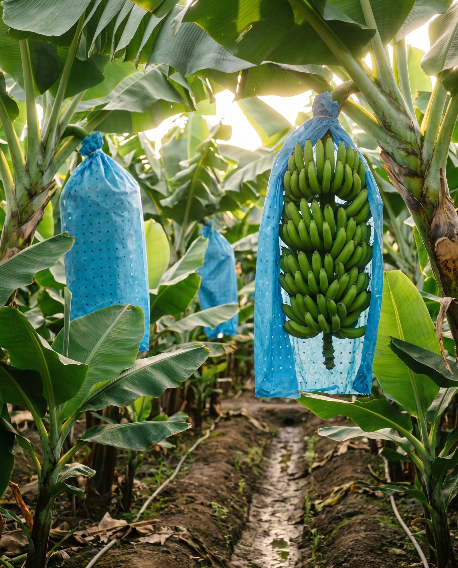 Racimos de banano protegidos con fundas en una plantación del valle del Chira