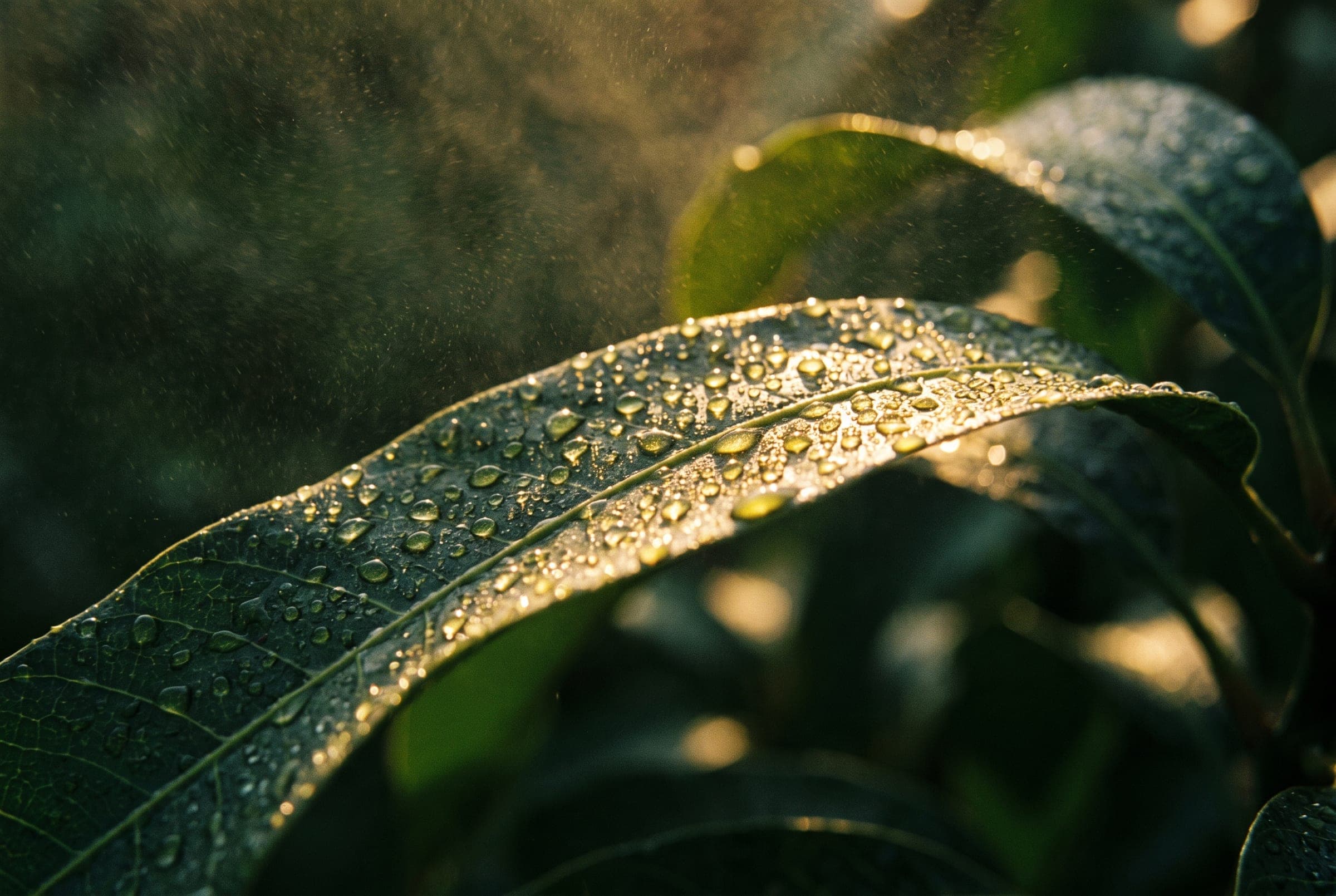 Gotas de aplicación foliar sobre hojas de mango a contraluz